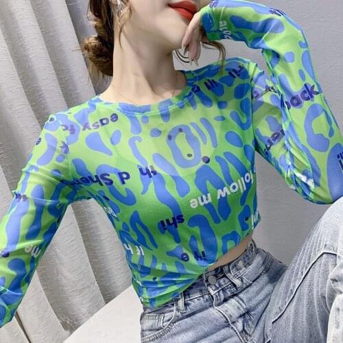 New Fashion Printing Thin Long Sleeve Top Women Spring Casual Bandage Beach Sexy T Shirts