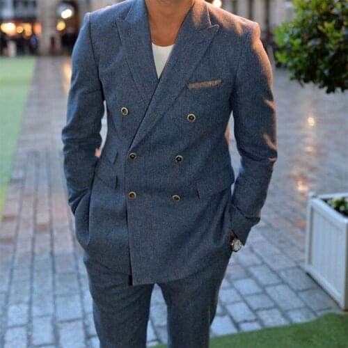 ANNIEBRITNEY 2020 New Blue Tweed Double Breasted Suit With Pants Peaked Lapel Fall Winter Business Suit Groom Wedding Tuxedo