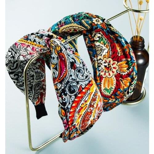 Wholesale Printed Fabric Headband For Women Vintage Cross Hair Bands Bohemian High Quality Head Hoops Wide Hair Accessories