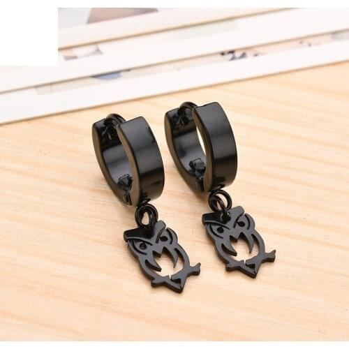 Punk Tiny Stainless Steel Hoop Earrings Hyperbolic Male Small Huggies With Nighthawk Pendants Charming Earrings Accessories Gift