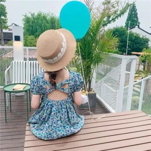 Girls Floral Dress 2021 Summer New Childrens Hollow Open Back Princess Dress Kids Puff Sleeve Girl Vest Dresses Baby Clothes