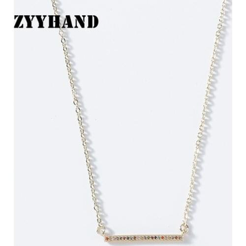 Multi Color Zircon Women Pendant Necklace Golden Rainbow Stone Cross Chain 16inch Copper Alloy Simple Style Girl Jewelry