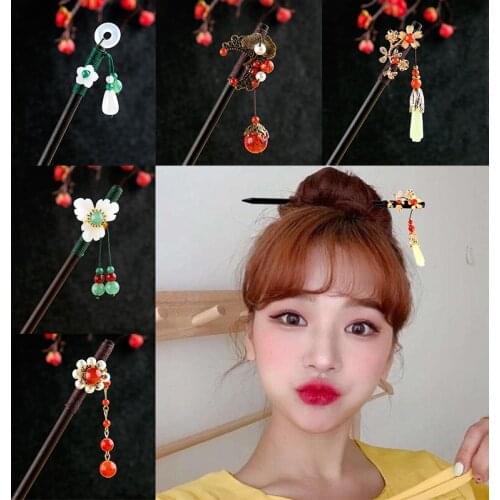 Handmade Ethnic Chinese Style Black Ebony Wood Hair Sticks Resin Penoy Flower Hair Stick Ancient Wooden Hairpin Hair Jewelry