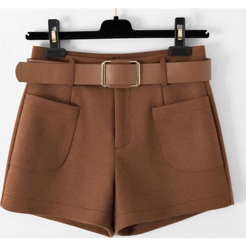 Woolen Shorts Women Autumn Winter Wide Leg Mini Shorts Feminino Autumn booty shorts with Belt Pockets Short Feminino F224