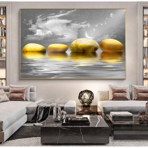 Modern Minimalist Landscape Prints Lake and Stones Poster Golden Stone Wall Art Pictures for Living Room Home Decor (No Frame)