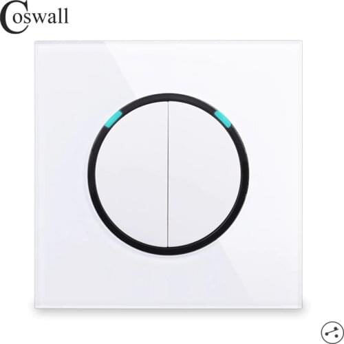 Coswall Glass Panel 2 Gang 2 Way Random Click On / Off Pass Through Wall Light Switch Switched With LED Indicator R11 Series