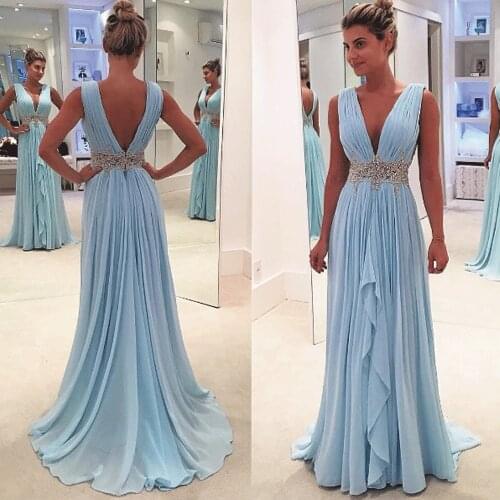 SuperKimJo 2020 Blue Prom Dresses Long V Neck Beaded Chiffon Elegant Sleeveless Prom Gown Vestidos Largos De Fiesta