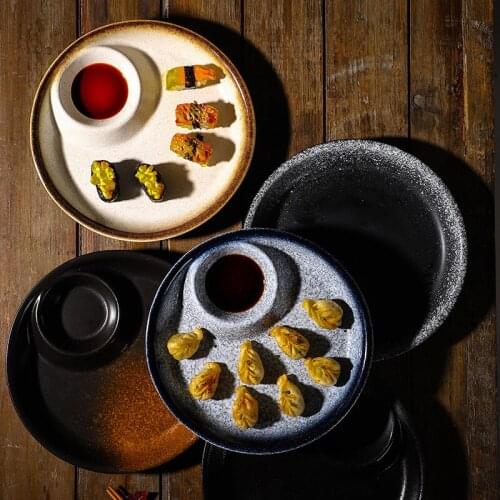 Jiaozi plate with vinegar plate ceramic tableware creative round plate grid plate home cold dish plate dumplings plate