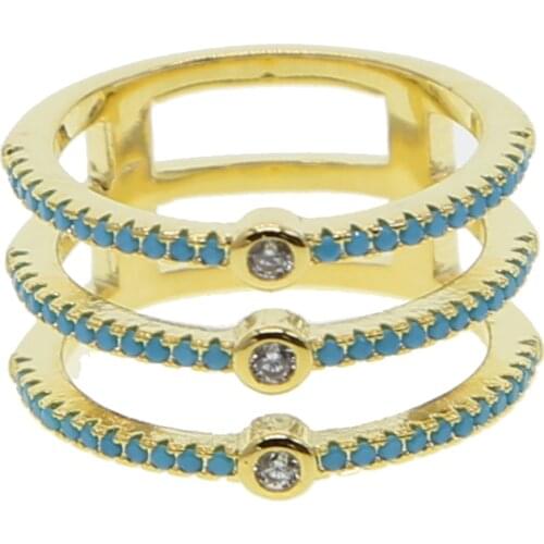 Three line cz eternity band gold color pave blue turquoises stone fashion women full finger ring