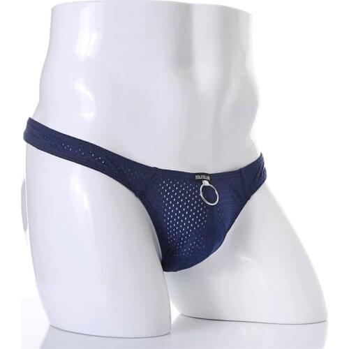 New Sexy G-string Thong Underpants Bottoms Shorts Mens Low-rise Mesh Breathable Metal Hoop Pouch T-back Male Underwear