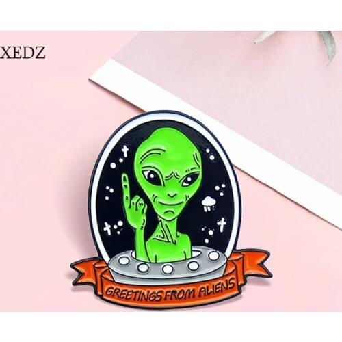 XEDZ Green Fluorescent Alien Enamel Brooch Cartoon Children UFO Outer Space Fantasy Badge Clothing Backpack Jewelry Gift