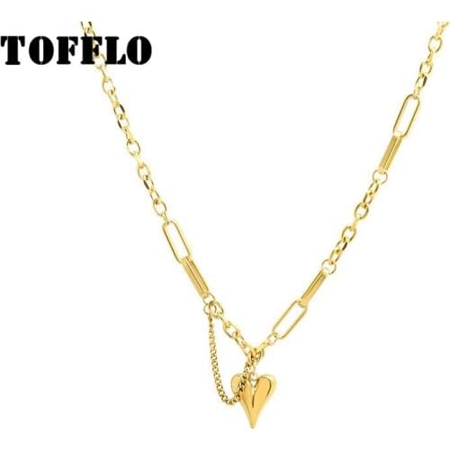 TOFFLO Stainless Steel Jewelry Tassel Peach Heart Love Pendant Necklace Female Clavicle Chain Ins Cool And Simple BSP844