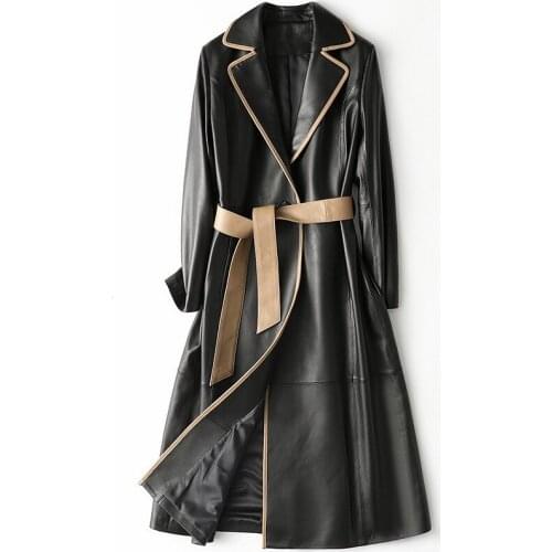 Womens Real Leather Slim Long Spring Sheepskin Coat Black High Quality Jacket with Belt High End Temperament New Windbreaker