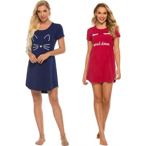 Ladies Sexy Home Service Ladies Short Sleeve Casual O-Neck Cartoon Print Comfortable Nightdress Dress