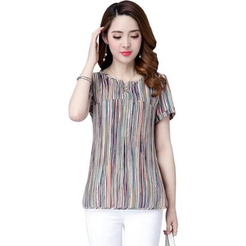 New Design Women Spring Summer Style Chiffon Blouses Shirts Lady Casual Short Sleeve Striped Blusas Tops DD1867
