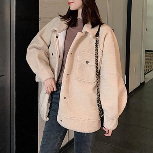 Women winter warm Outwear Long Sleeves Lamb Hair Lapel Coat Plush Jacket Overcoat solid Korea style pocket high quality tops