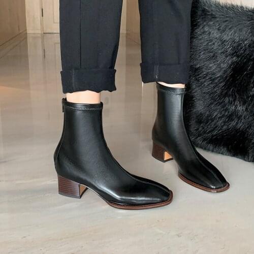 Elegant Concise Back Zipper Women Warm Boots Genuine Leather Round Toe Thick Heels Pumps Wedding Office Lady Shoes Woman