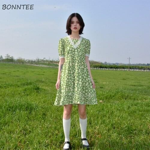 Dresses Women Lace Casual Patchwork Printing Fashion Students A-line Design Tender Elegant Female Ulzzang Chic Stylish Vintage