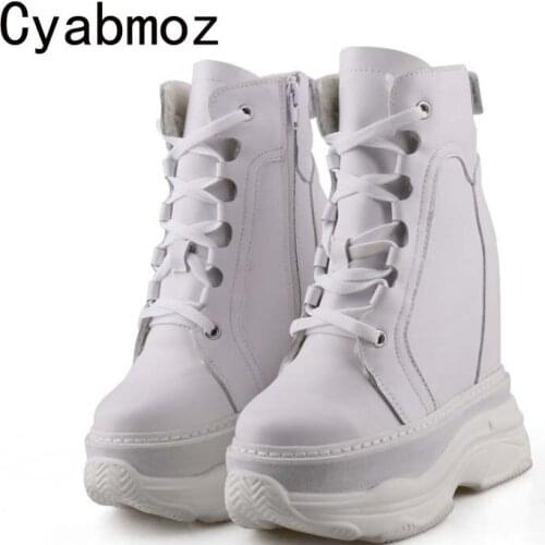 Women High Top Genuine Leather Sneakers Invisible Increase 14CM 12CM Femme High Platform Casual Dad Shoes