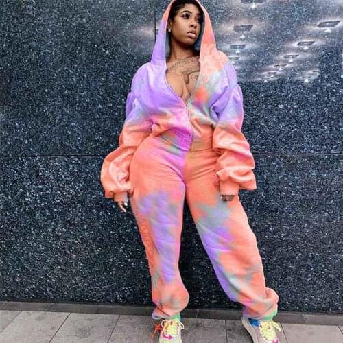 Oversized XL-5XL Sweatshirt Pant Set Tie Dye Printing Loose Zipper Hooded Tops and Trousers Two Pieces Female Autumn Streetwear