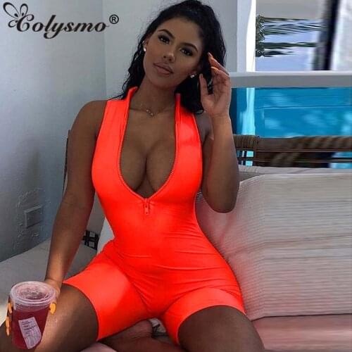 Colysmo Sexy Party Jumpsuit Women New Summer Shiny Neon Pink Front Zipper Fitness Playsuit Skinny Casual Bodysuit Black