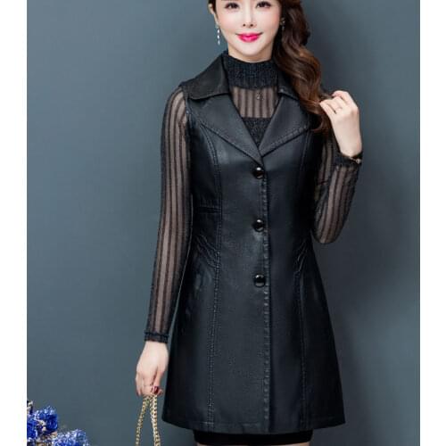 Plus Size 6XL 2021 PU Leather Red Womens Vest Long Leather Sleeveless Coat Female Spring Waistcoat for Feminine Jacket L77