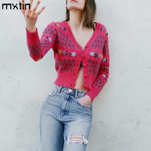 2021 Women Spring Vintage Floral Embroidery Cardigan Knitted Sweater Fashion Autumn V Neck Long Sleeve Outwear Casual Tops
