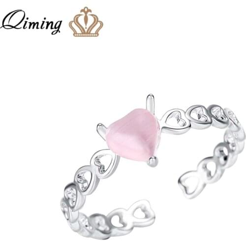 Pink Cat Eye Stone Fox Heart Love Ring Women Ethnic Cute Animal Wedding Jewelry Cute Animal Adjustable fashion Rings Gift