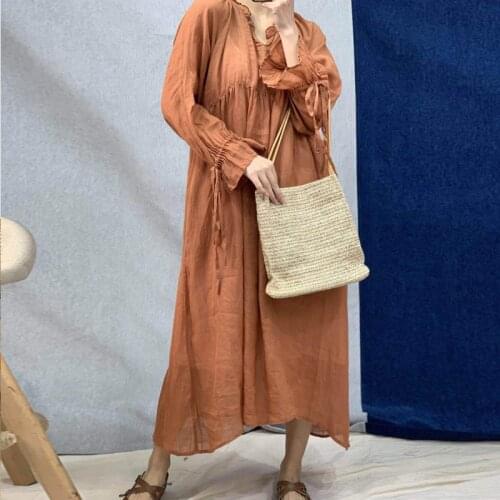 Johnature Summer New Vintage Cotton Linen Women Dress 2021 V-neck Full Sleeve Tie Irregular Robe Loose Dresses