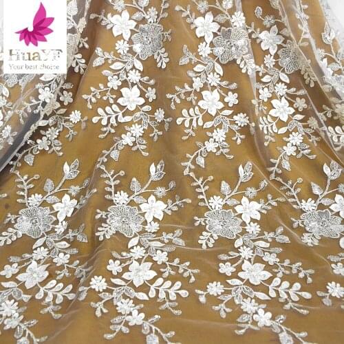 2021 French White Tulle Embroidery Lace With Beads And Sequins For Shinning Wedding Dress HY1364