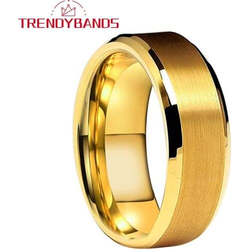 Gold Tungsten Engagement Rings Wedding Bands For Men Women Brushed Finish Beveled Edges Comfort Fit