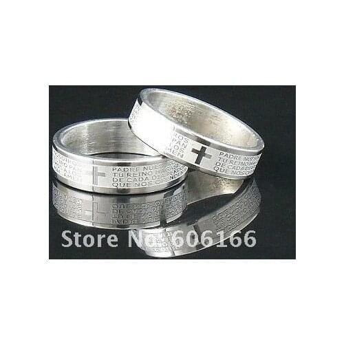 6mm Silver Tone Etched Spanish Bible Lords Prayer Cross Ring Stainless Steel Rings Fashion Religious Jewelry