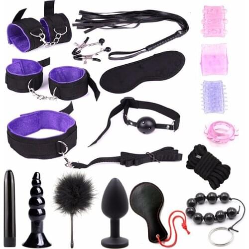 7/18pcs/set Fetish BDSM Sex Bondage Restraint Kit Handcuffs Whip Rope Anal Beads Butt Plug Anal Plug Vibrator Sex Toys for Woman