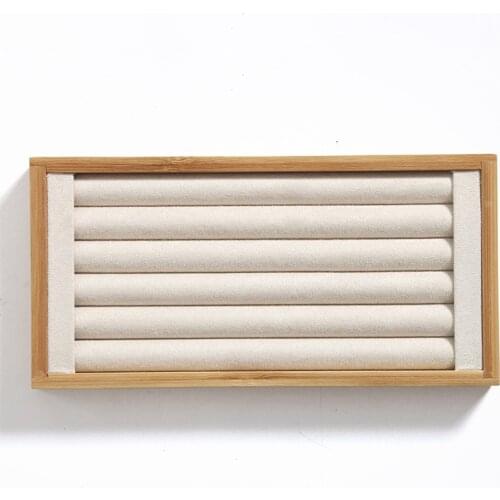 Bamboo Velvet Stackable Earring Display Tray Case Beige Ring Jewelry Organizer Display Tray For Store Storage Exhibit Holder