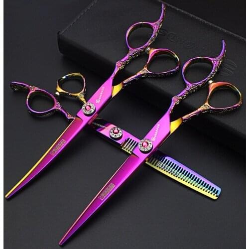 Color Rose Scissors Hairdressing Scissors Barbershop 7-inch Flat Tooth Scissors Barber Hairdressers Special Hair Salon Scissors