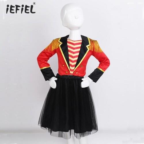 Kids Girls Circus Ringmaster Outfit Halloween Carnival Cosplay Costume Long Sleeves Tassel Epaulette Jacket with Mesh Tutu Skirt