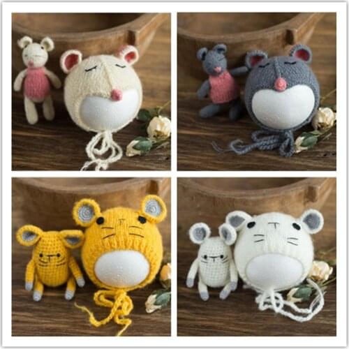 Dvotinst Newborn Baby Photography Props Knit Cute Mouse Hat Bonnet Doll Handmade Fotografia Accessories Studio Shoot Photo Props