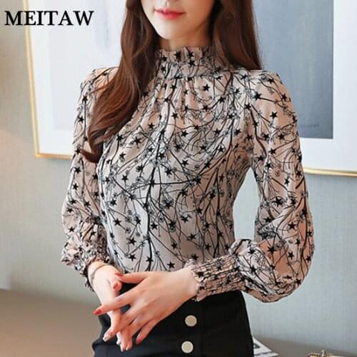 Elegant Floral Printed Blouses Shirts Lady Office Tops 2020 Casual Long Sleeve Stand Collar Chiffon Shirt