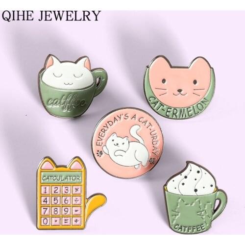 Cartoon Cat Enamel Pins Badge Calculator Coffee Cup Brooches for Women Cute Animal Lapel Pin Bag Anime Jewelry Gift Wholesale
