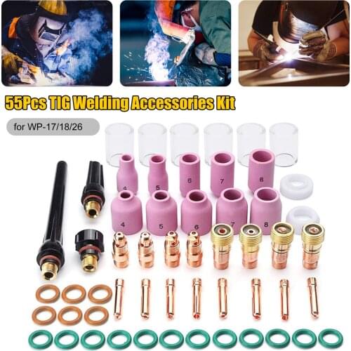 55Pcs Tig Welding Accessories Kit Stubby Gases Lens Heat-Resistant Glass Cup Alumina Nozzle Set for WP-17/18/26
