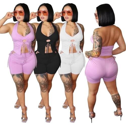 Shorts Set Outfits Women Lace-up Solid Color Sexy V Collar Hollow Out Hanging Neck Top Nightclub Two Piece Suit Summer Custom