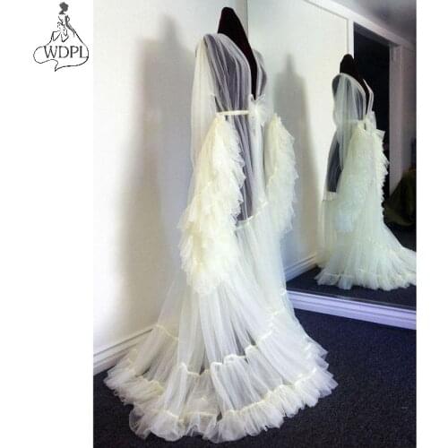 Cream Layered Tulle Dressing Gown Long Sleeve Sweep Train Robe de soiree See Through Ruffles Pregnant Women Photo Shoot