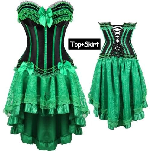 Fashion Gowns Green Sexy Corset Dress Set Women Plus Size Corsets and bustiers Tutu Skirt Striped Waist Cincher Shapewear Top