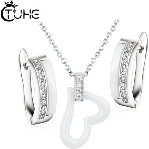 Fashion Ceramic Jewelry Set Cute Mini Stud Earrings Heart Pendant Necklace For Women Elegant Enagement Party Jewelry Sets Gifts