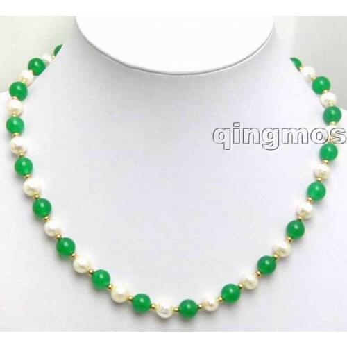 Fashionable 6-7mm natural White FreshWater Pearl & 8mm Green stone 18" Necklace-com1016