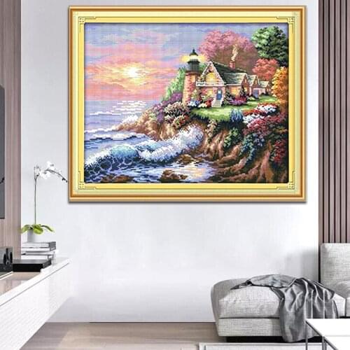 Seaside Lighthouse Scenery DIY Embroidery Kit Cross Stitch Paintings Materials Package Handcraft Cross Embroidery Accessories