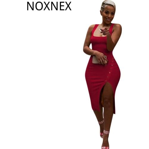 NOXNEX Women Summer Sleeveless Side Spit Knitted Bodycon Midi Tank Dress Knee Length Vintage Sexy Party Dresses Vestidos S-XXXL