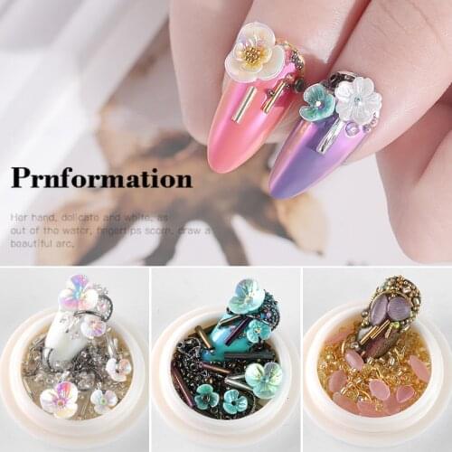 1 Box Mixed Natural Shell Flowers Charm Pearl Colorful Caviar Beads Metal Nail Rivets Studs Japanese DIY 3D Nail Art Decorations