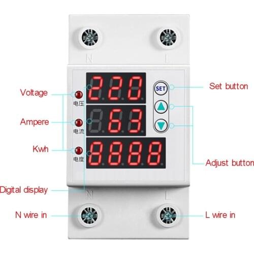 63A 2P Din kwh adjustable overvoltage + over current + lack voltage protector din A V kWh meter