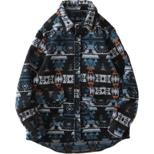 Hip Hop Retro Diamond Long Sleeve Shirts Mens Harajuku National Style Knitted Shirt Streetwear Snap Button Shirt Autumn Cotton